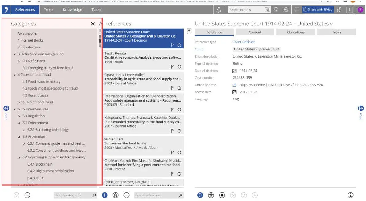Citavi interface showing outline, sources, reference meta data, and an article PDF.