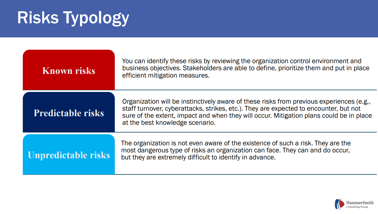 Slide from Mariama’s presentation on risks typology defining known risks, predictable risks, and unpredictable risks.