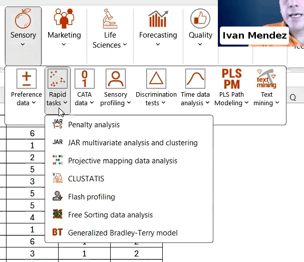 View of the Sensory menu’s rapid task options in XLSTAT.