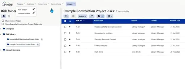 The Predict! dashboard, showing project folders and individual risks within those folders.