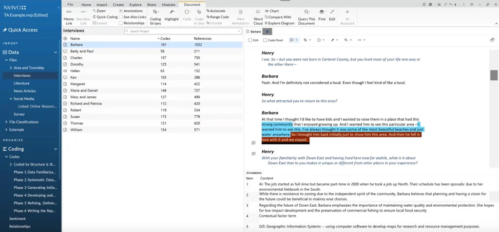 Summarizing interview data with Lumivero AI Assistant and creating annotations in NVivo.