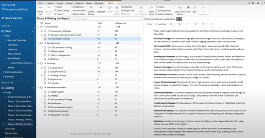 Writing the report in NVivo, linking codes back to their original references.