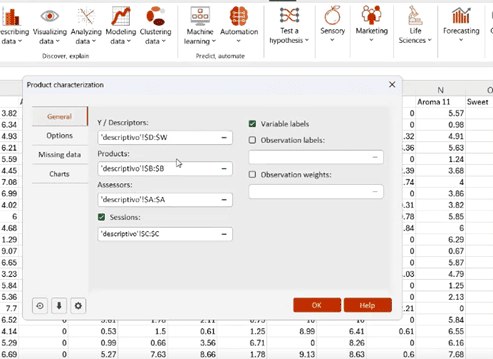 View of the XLSTAT product characterization dialog box superimposed over a matrix showing sensory evaluation data.