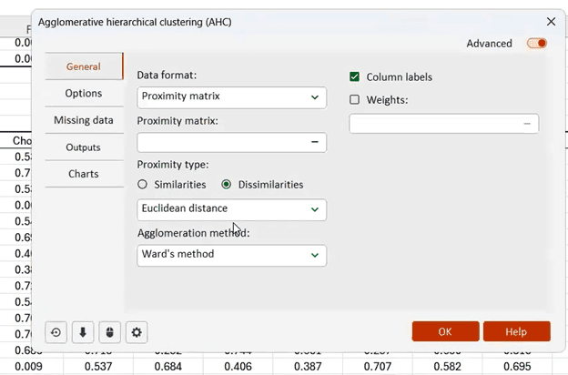 XLSTAT cluster analysis dialog box showing configuration options.