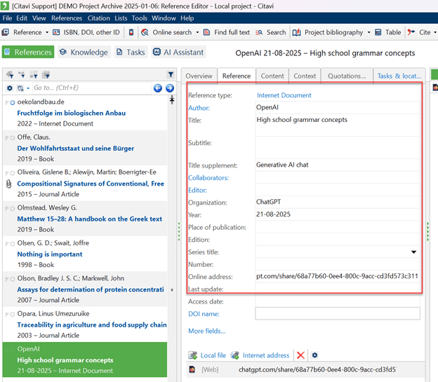 An example of how to input a generative AI citation in Citavi.